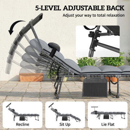 Folding Sun Loungers Set of 2 with Canopy, Reclining Sunbed with Cushion, Side Pocket, Carrying Handle, Light Grey