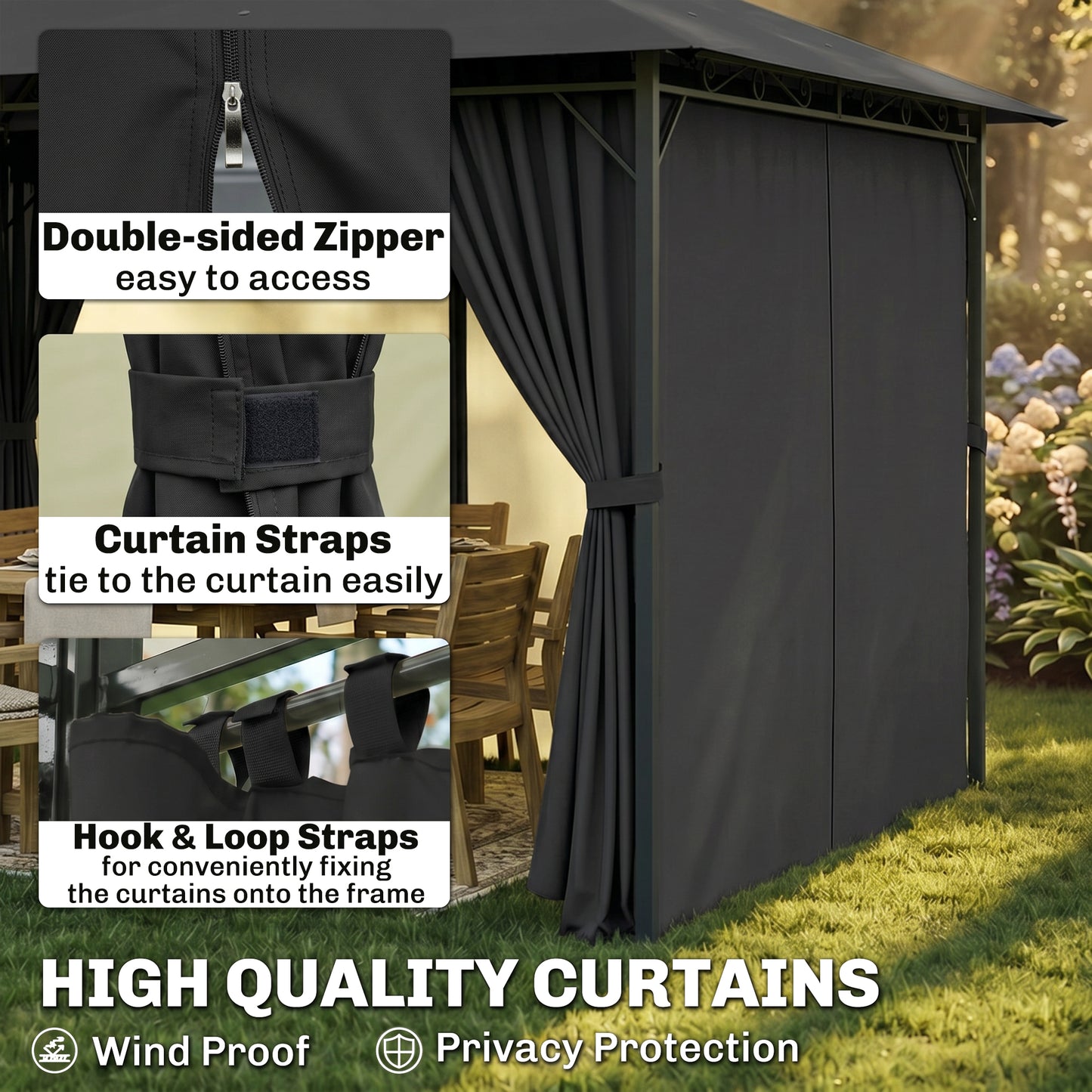 3 x 4m Steel Gazebo, with Curtains - Black