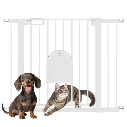Dog Gate with Cat Flap Pet Safety Gate Barrier, Stair Pressure Fit, Auto Close, Double Locking, for Doorways, Hallways