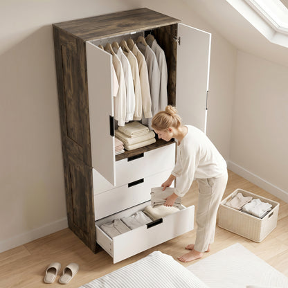 Modern Clothes Storage Cupboard Unit, 3 Drawer 2 Door Wardrobe with Hanging Rod, Rustic Brown