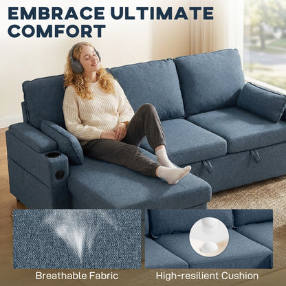 Corner Sofa Bed, L Shaped Sleeper Sectional Sofa with Reversible Storage Chaise, Blue