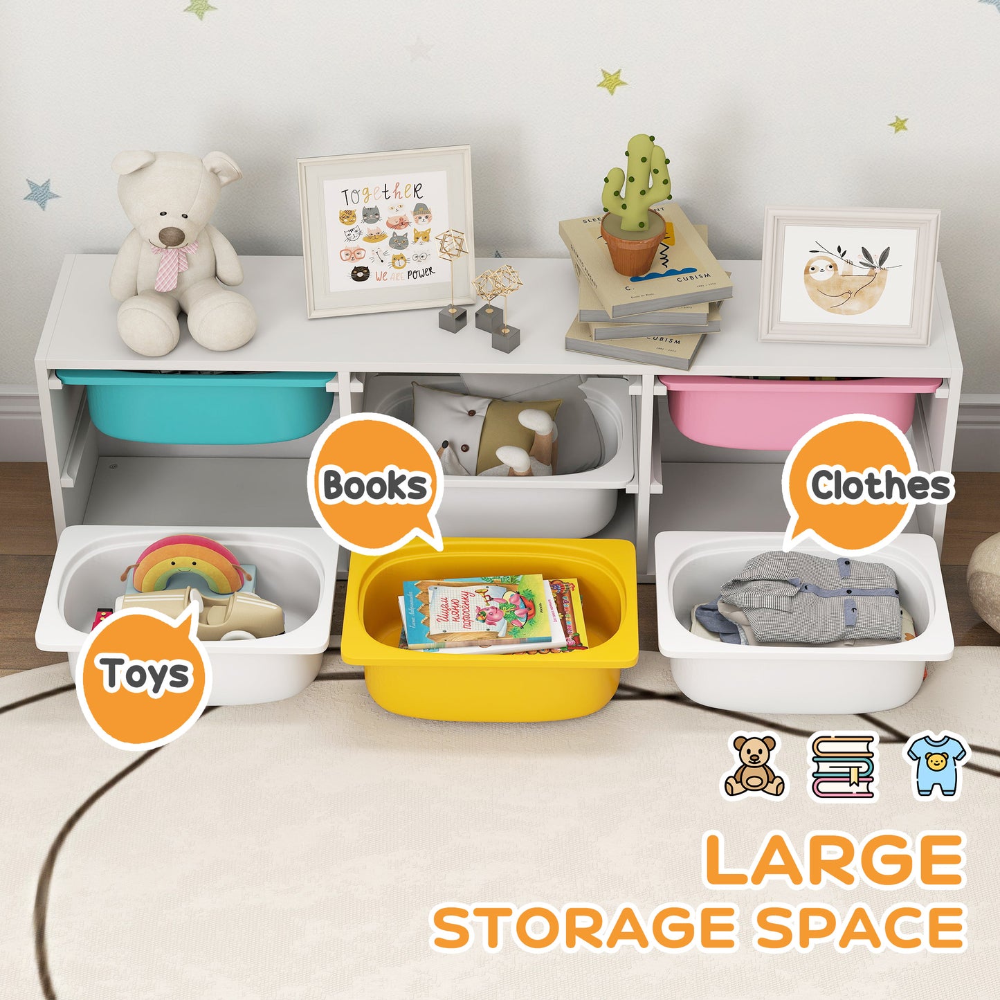 Low Height 2 Tiers Storage Organiser, Kids Toy Storage Unit with 6 Removable Bins for Bedroom, Nursery, Playroom