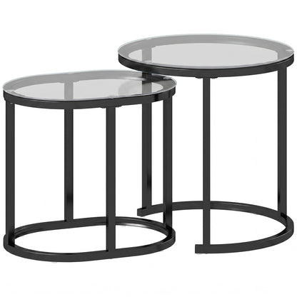 Nest of Tables with Steel Frame and Tempered Glass Tabletop, Modern Coffee Table Set of 2, Black