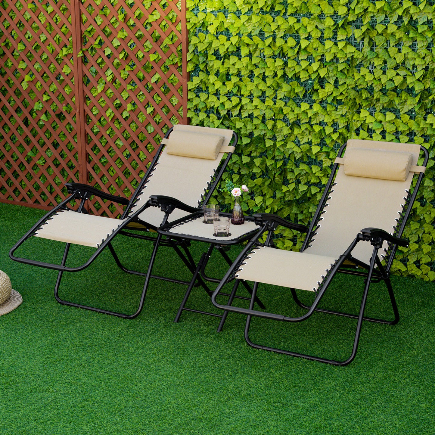 Folding Zero Gravity Chairs, 3 Pieces Adjustable Sun Lounger and Table Set with Cup Holder and Headrest
