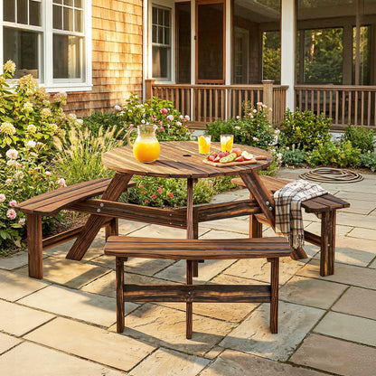 Wooden Garden Dining Set, 6 Seater Round Dining Picnic Table with Matching Bench