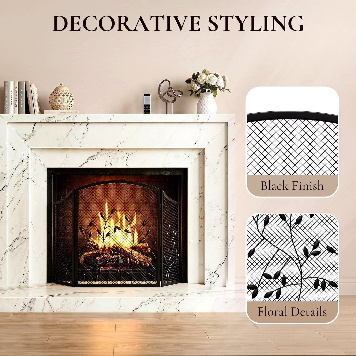 3-Panel Folding Fireplace Screen for Hearth Protection, Heat-Resistant Metal Fire Spark Guard, Black