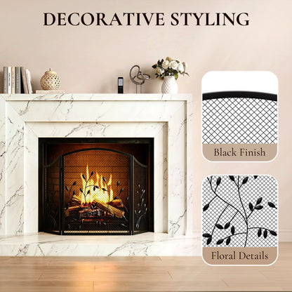 3-Panel Folding Fireplace Screen for Hearth Protection, Heat-Resistant Metal Fire Spark Guard, Black