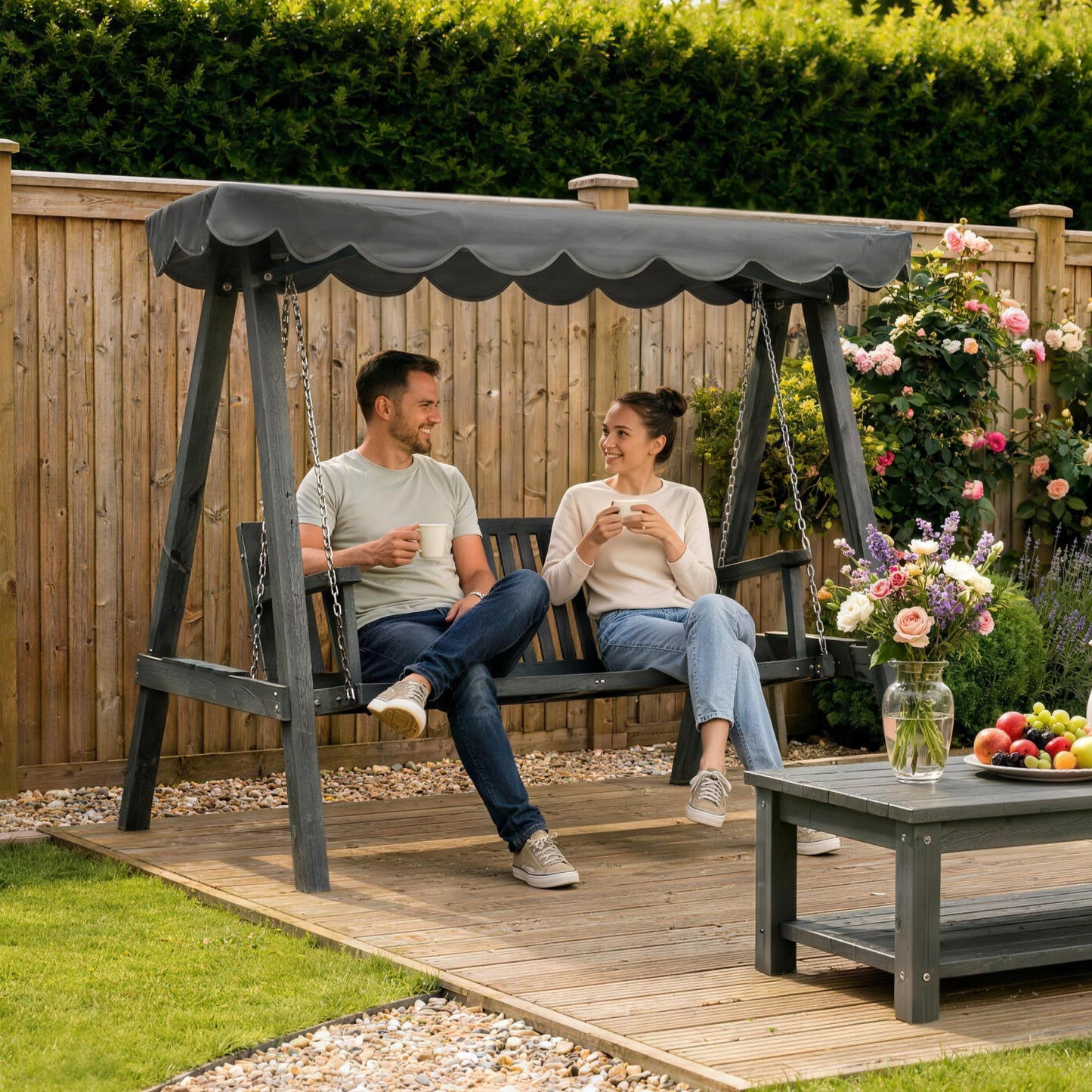 3 Seater Garden Swing Seat with Canopy, Wooden Swing Chair, Outdoor Hammock Bench for Balcony Patio Porch, Grey