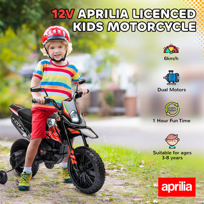 12V Aprilia Licensed Kids Motorbike with Training Wheels, Spring Suspension, LED Headlight, USB, Music, Red/Black