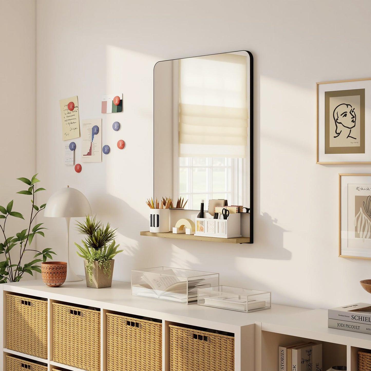 Wall Mirror with Wood Shelf - Black