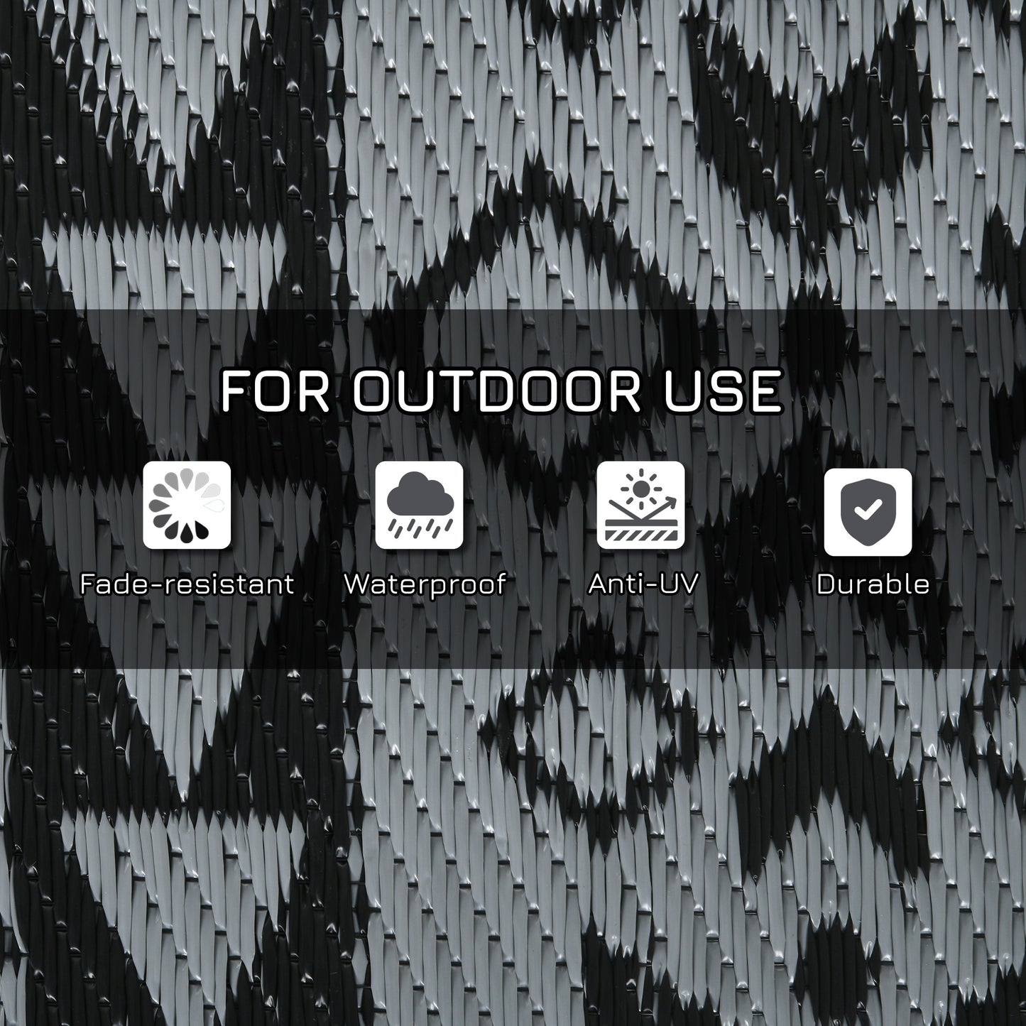 182 x 274cm Reversible Patterned Outdoor Rug, with Bag - Black/Grey