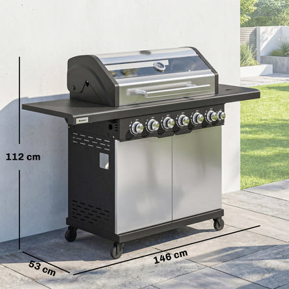 6+1 Burner Gas BBQ Grill, Outdoor Barbecue Trolley with Wheels, Warming Rack, Thermometer, Bottle Opener, Silver Tone