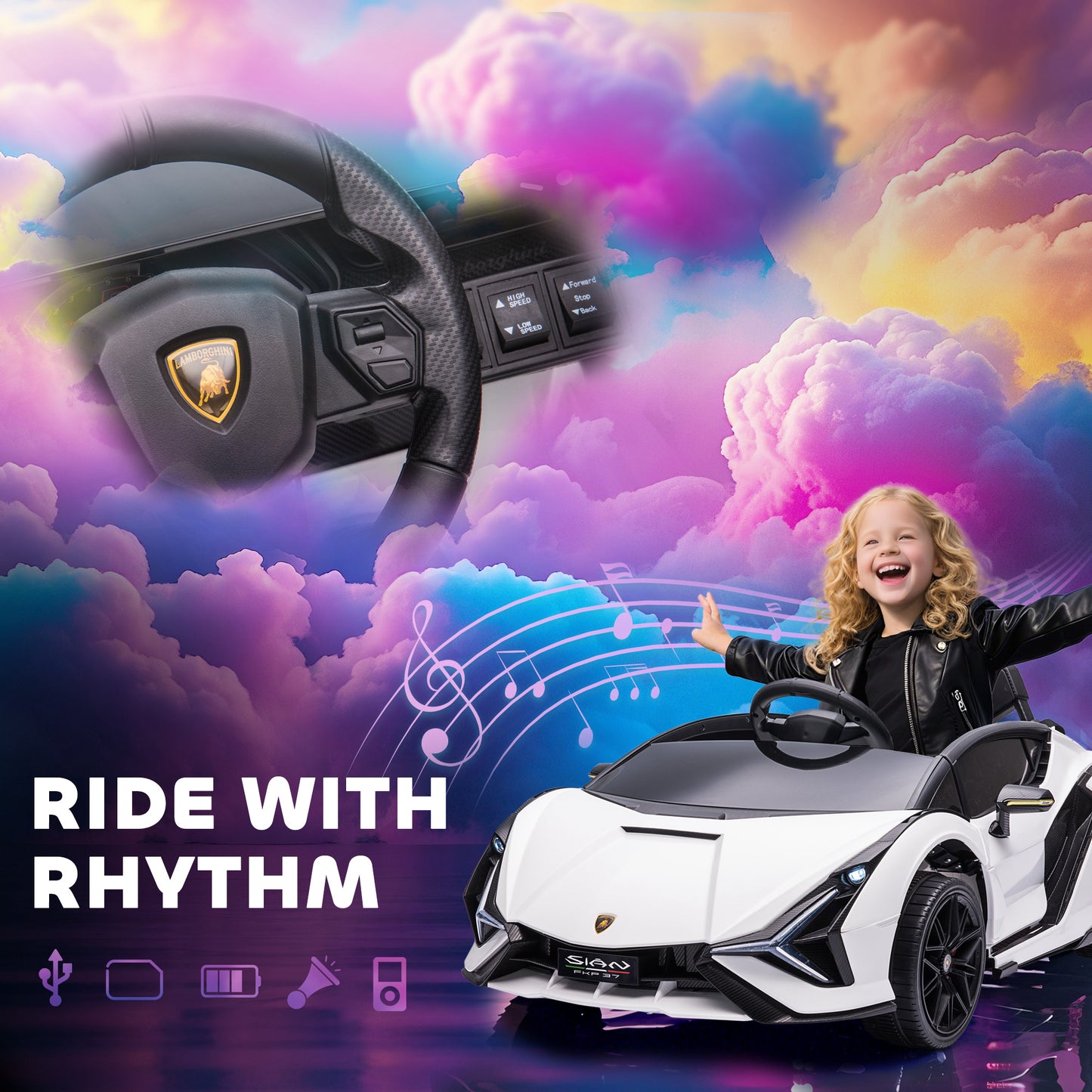 Lamborghini Sian Licensed Electric Car for Kids, 12V Kids Electric Ride on Car with Dual Motors, Remote Control, White