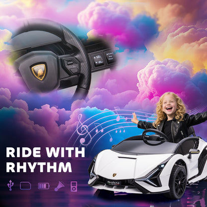 Lamborghini Sian Licensed Electric Car for Kids, 12V Kids Electric Ride on Car with Dual Motors, Remote Control, White