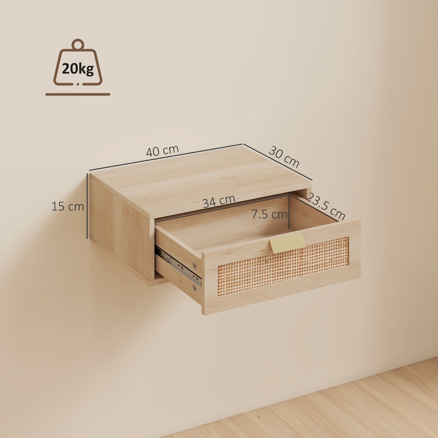 Floating Bedside Tables Set of 2, Wall Mounted Bedside Cabinets with Rattan Drawer and Wood Effect, Oak