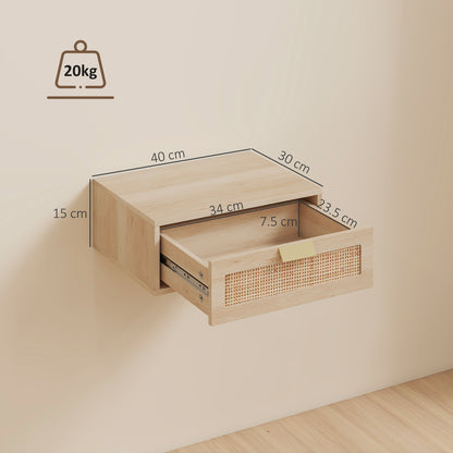 Floating Bedside Tables Set of 2, Wall Mounted Bedside Cabinets with Rattan Drawer and Wood Effect, Oak