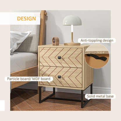 Bedside Table Nightstand Two-Drawer Bedroom Storage Unit Zig Zag Design with Black Metal Handles, Natural