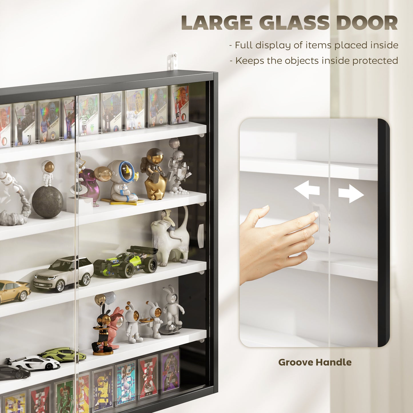 5-Tier Wall Display Cabinet, Wall Mounted Display Case w/ 4 Adjustable Shelves, Glass Doors, 60x80cm, Black and White