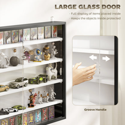 5-Tier Wall Display Cabinet, Wall Mounted Display Case w/ 4 Adjustable Shelves, Glass Doors, 60x80cm, Black and White