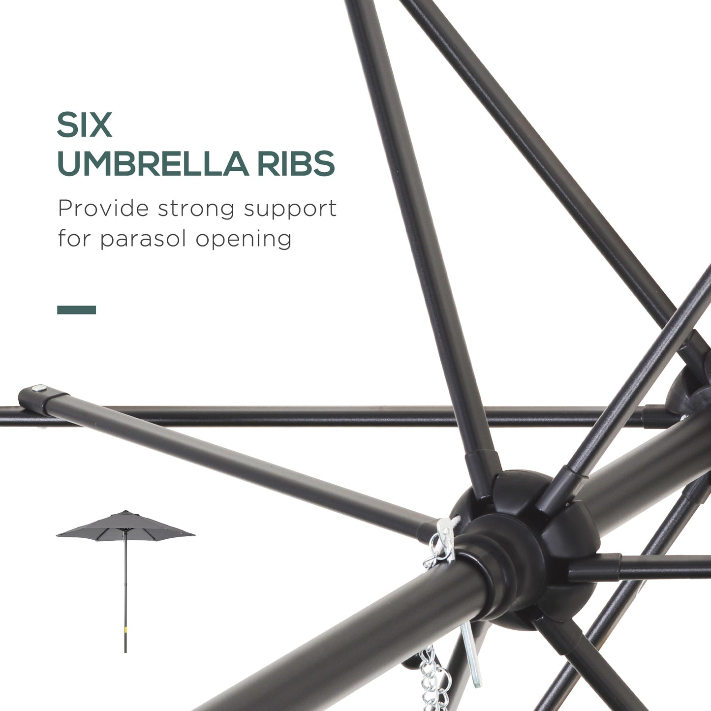 2m Garden Parasol Umbrella, Outdoor Sun Shade with 6 Sturdy Ribs for Balcony, Bench, Garden, Dark Grey
