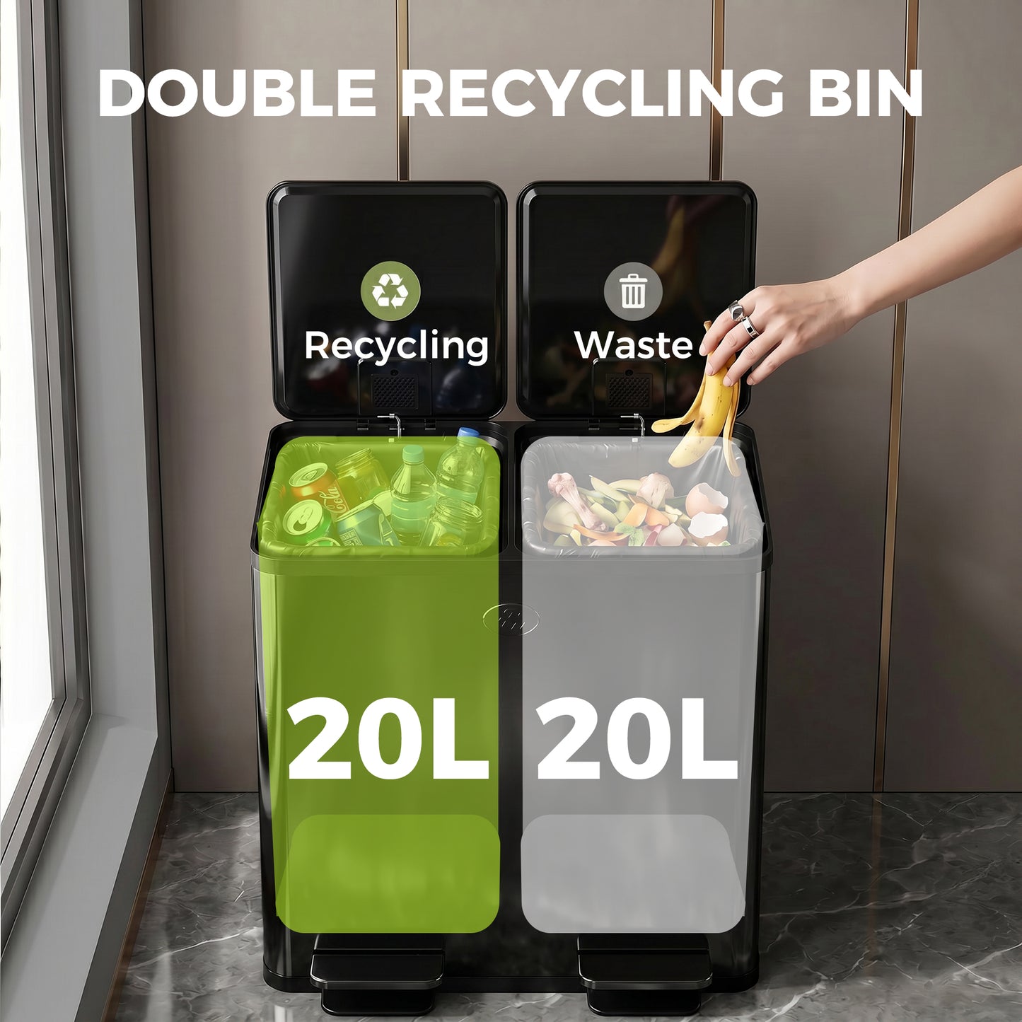 40L Dual Compartment Stainless Steel Bin, with Deodoriser Holders - Black