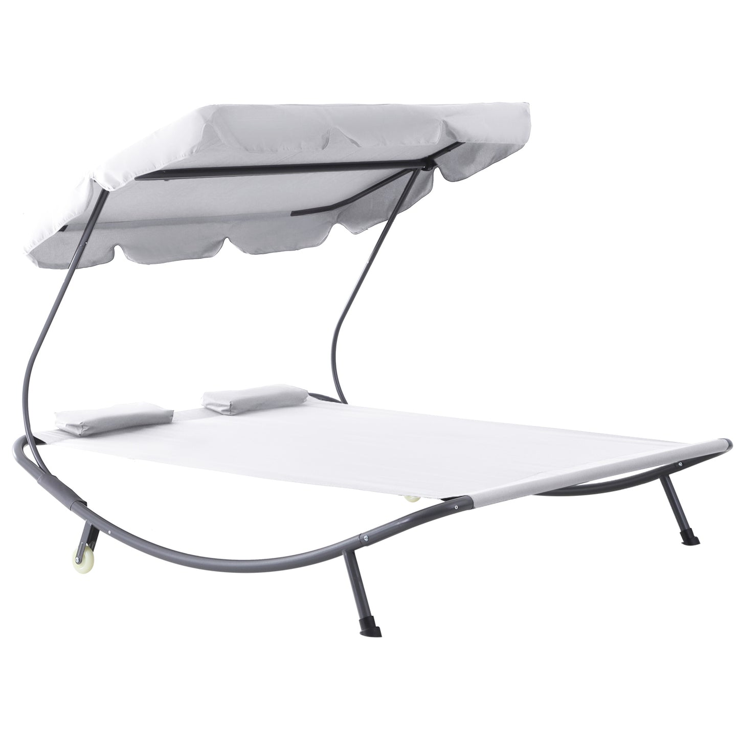 Double Sun Lounger with Adjustable Detachable Canopy, Portable Garden Daybed for 2 with Wheels, Outdoor Sunbed Hammock
