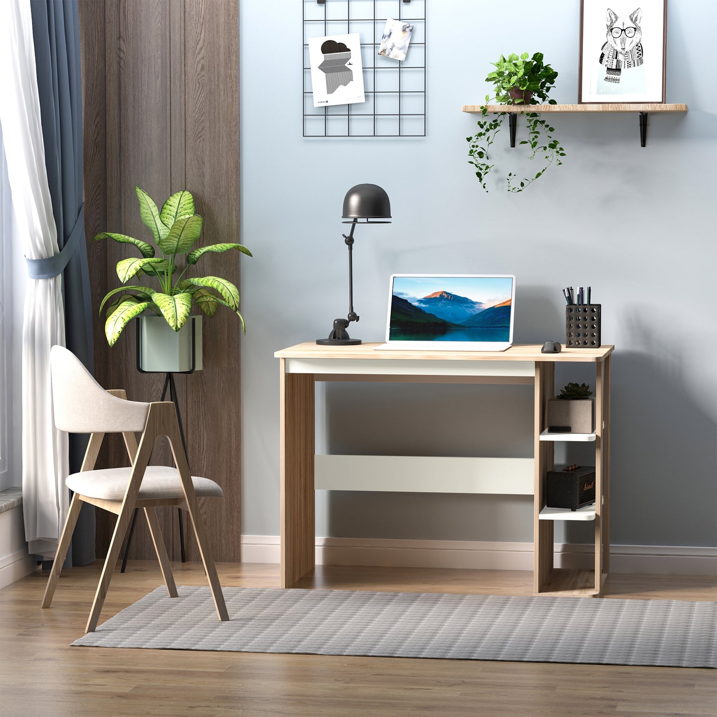 Computer Desk, Writing Desk with 3-Tier Storage Shelf, Work Table for Home Office, Study, Living Room, Oak and White