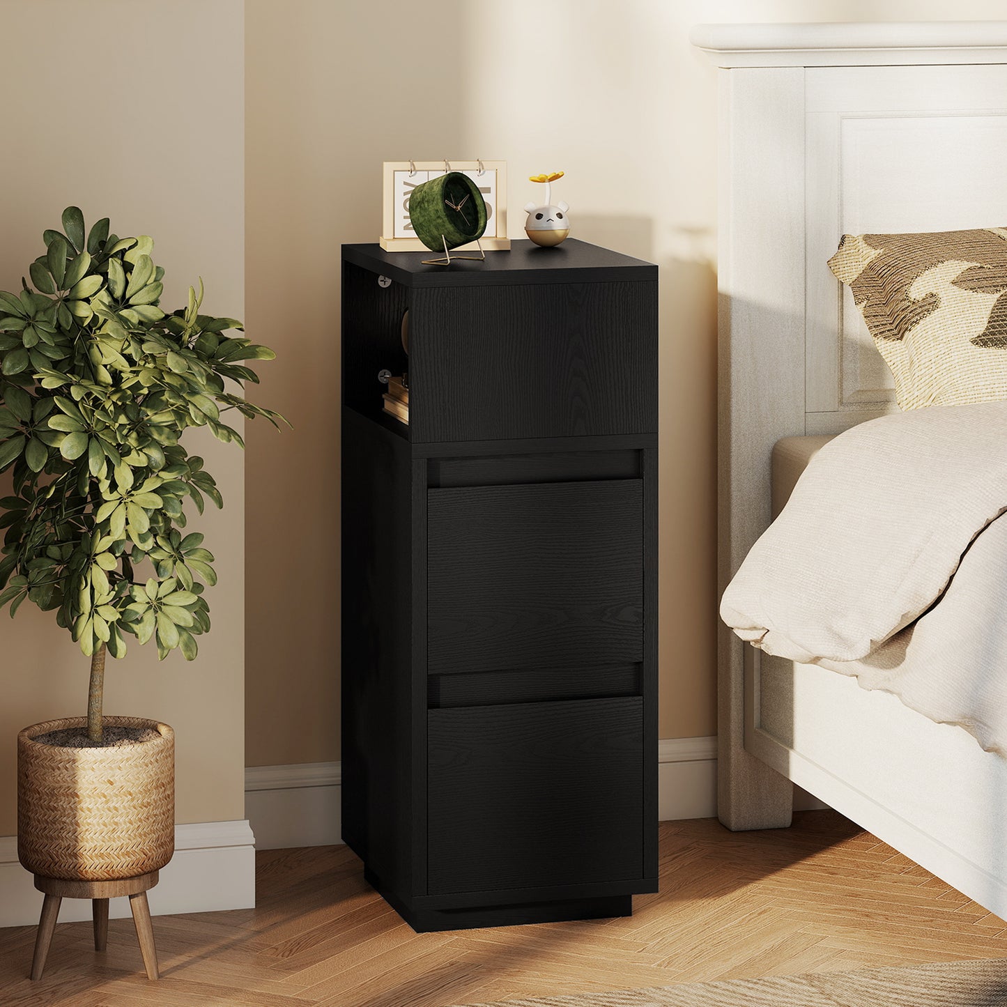 Slim Bedside Table, Narrow Bedside Cabinet with Open Shelf and 2 Drawers for Bedroom, Living Room, Black