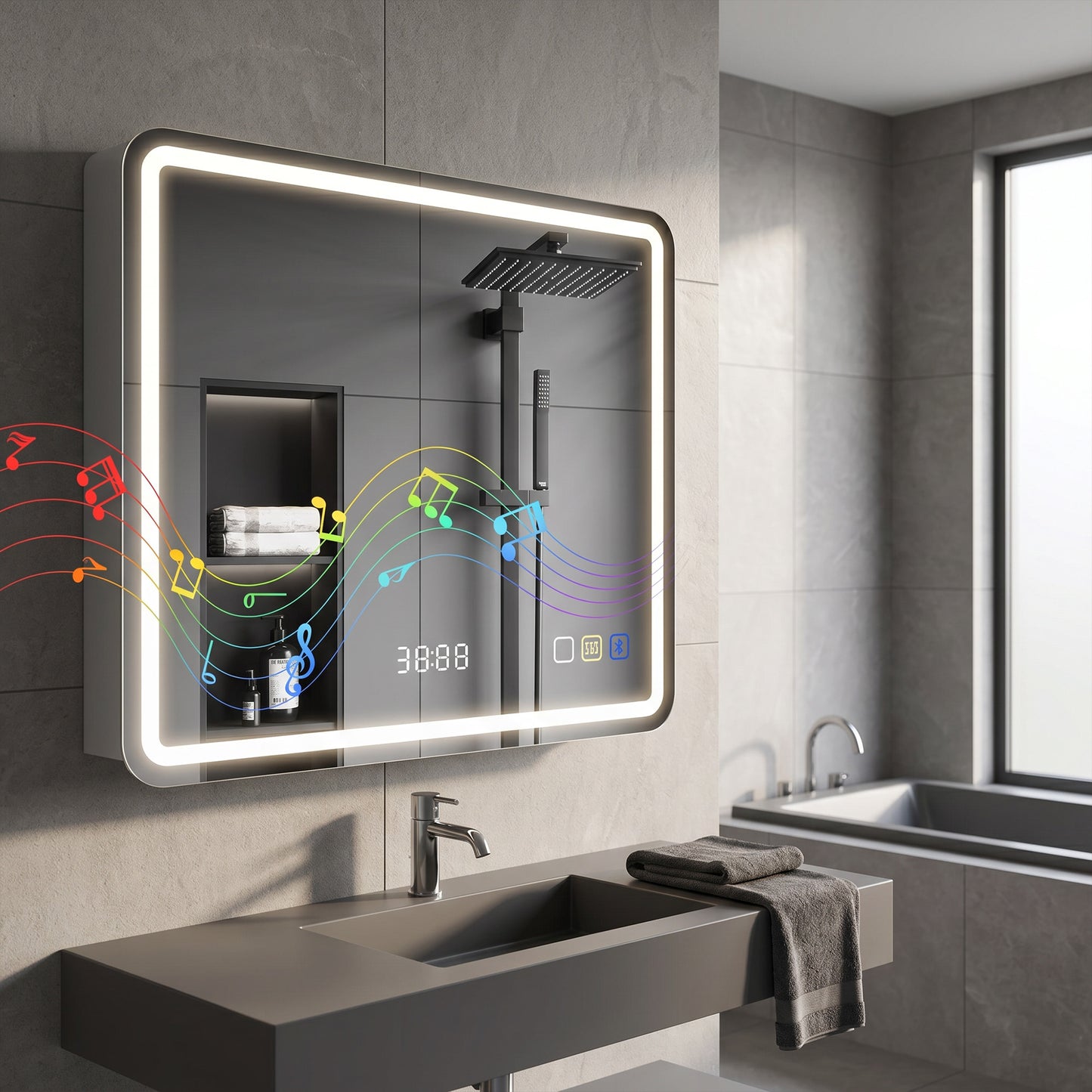 80 x 60 cm Bluetooth Bathroom Mirror - Silver-Tone