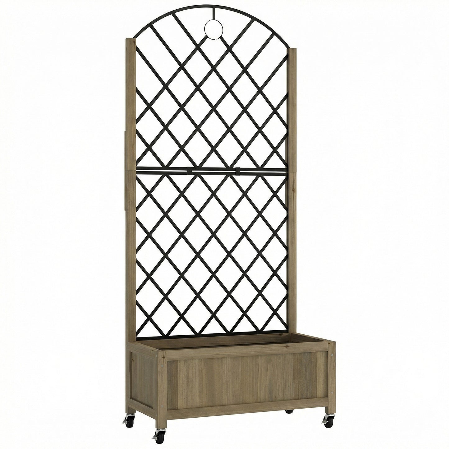 Raised Garden Bed with Metal Trellis, Wooden Elevated Planter Box w/Lockable Wheels, Outdoor Raised Planter, Carbonised