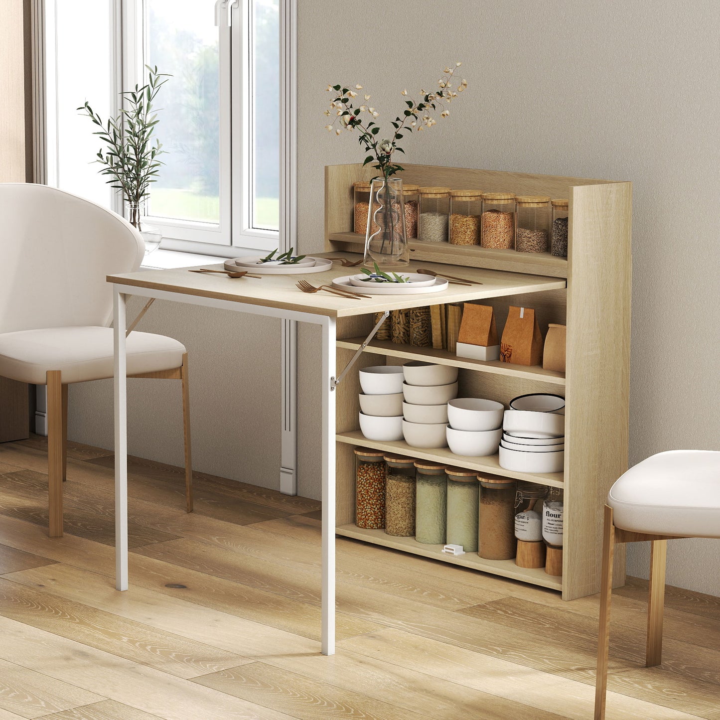 Kitchen Table, Folding Dining Table, with 4-Tier Shelves, Modern Drop-Leaf Table, Oak Wood Effect