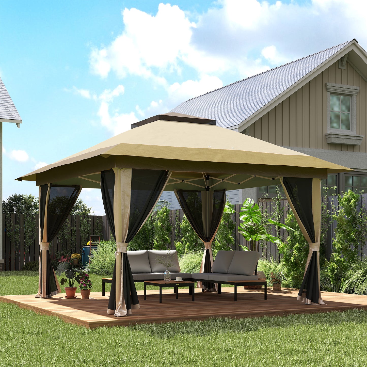 3.6 x 3.6m Pop-Up Gazebo, with Accessories - Beige