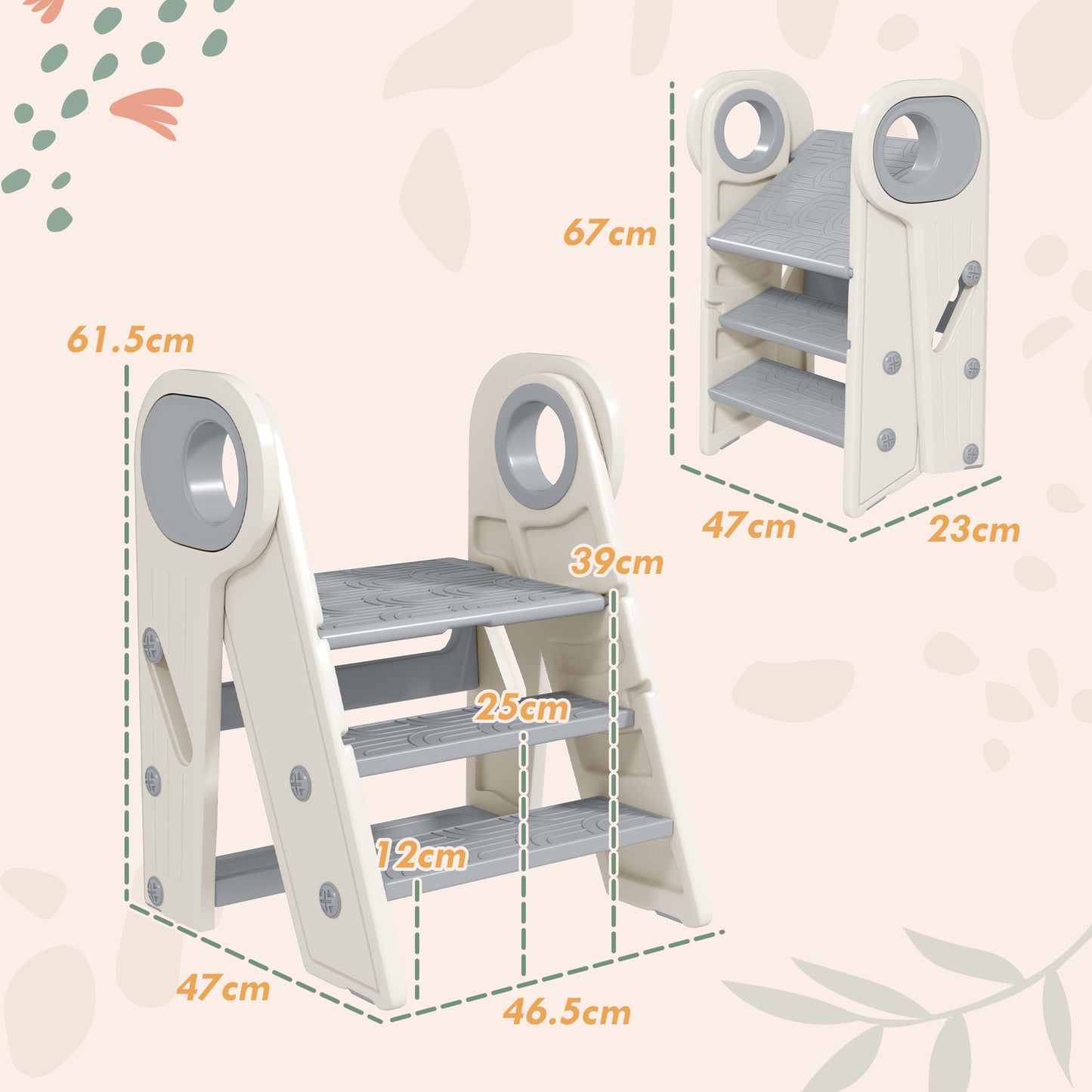 Foldable and Adjustable Kids Step Stool with Handle, Non-Slip, Grey