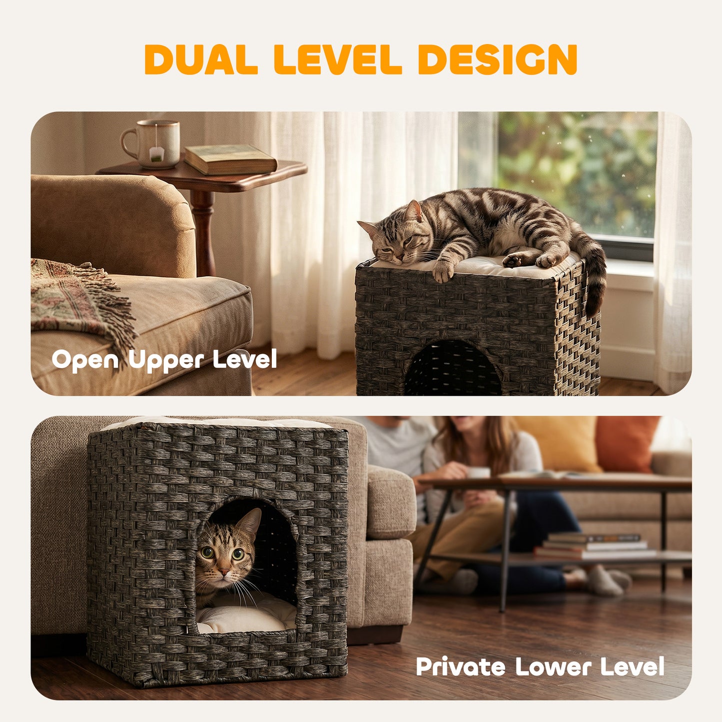 2-Tier Wicker Cat House, Handwoven Rattan Cat Bed with Washable Cushions, Indoor Kitten Condo Hideaway