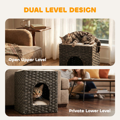 2-Tier Wicker Cat House, Handwoven Rattan Cat Bed with Washable Cushions, Indoor Kitten Condo Hideaway