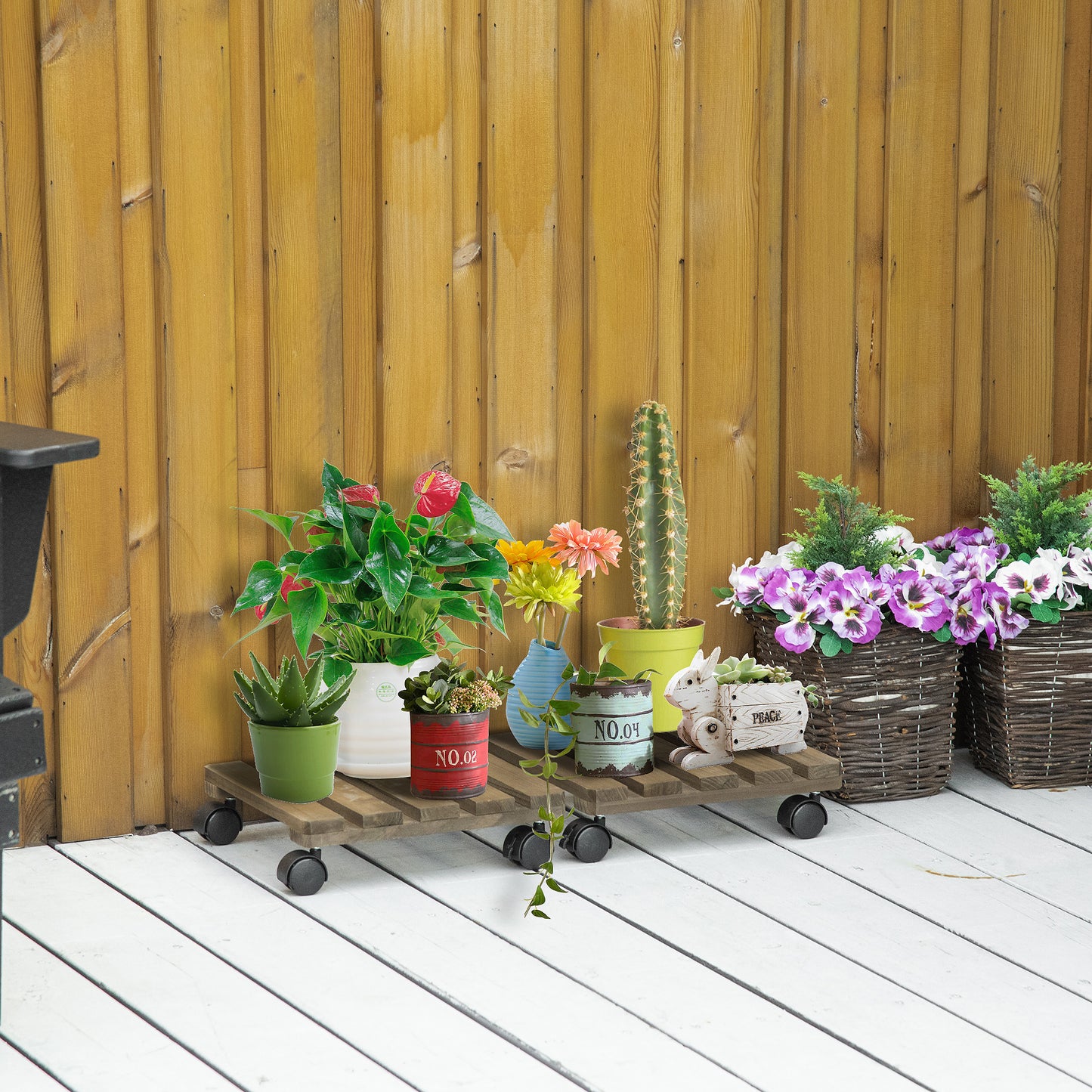 2 Pack Plant Caddy with Wheels, 30 cm Square Wooden Plant Pot Trolley, Pot Caddy for Outdoor Patios, Decks and Indoors
