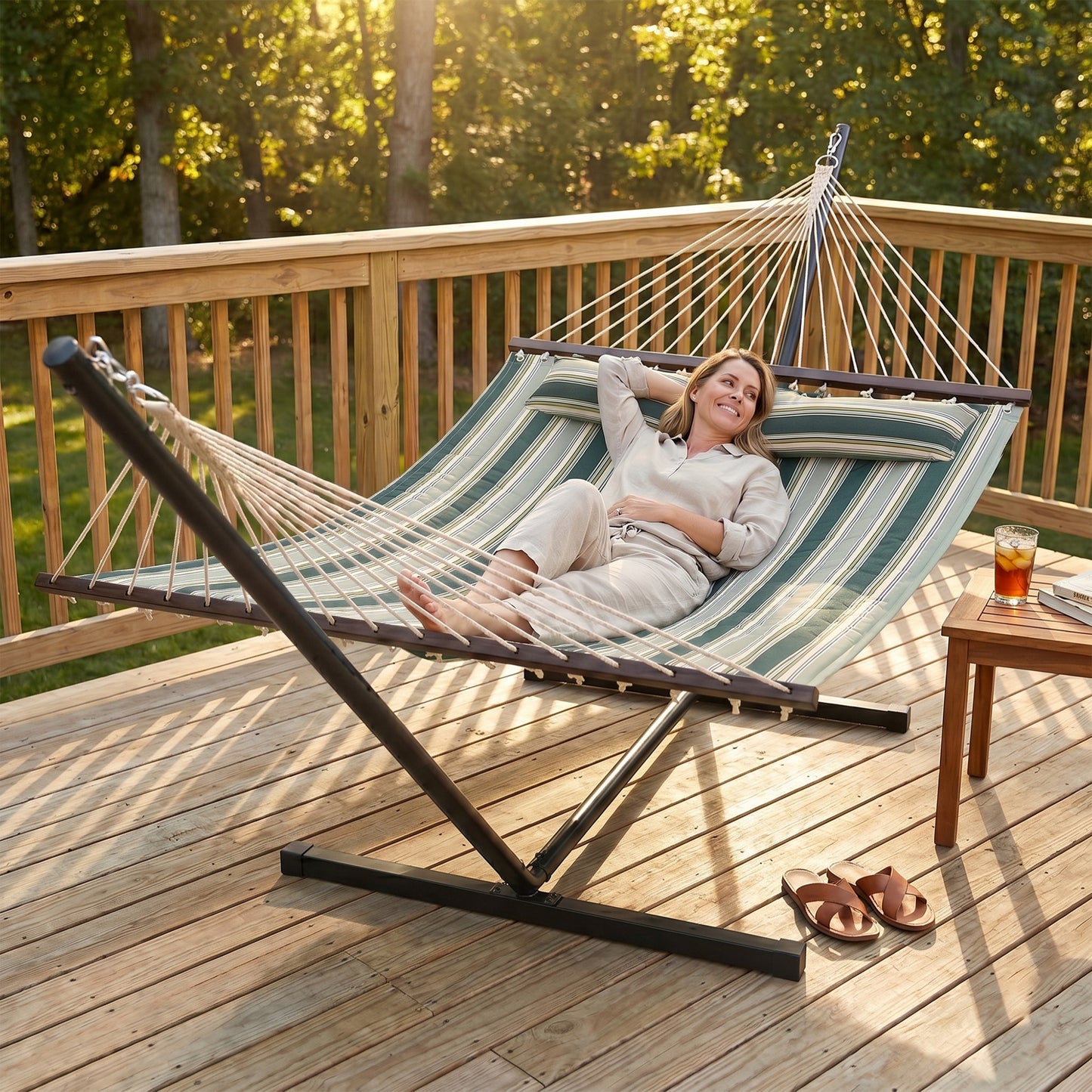 Outdoor Hammock with Stand Detachable Pillow Striped Swing Steel Frame, for Garden, Patio, Green