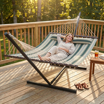 Outdoor Hammock with Stand Detachable Pillow Striped Swing Steel Frame, for Garden, Patio, Green