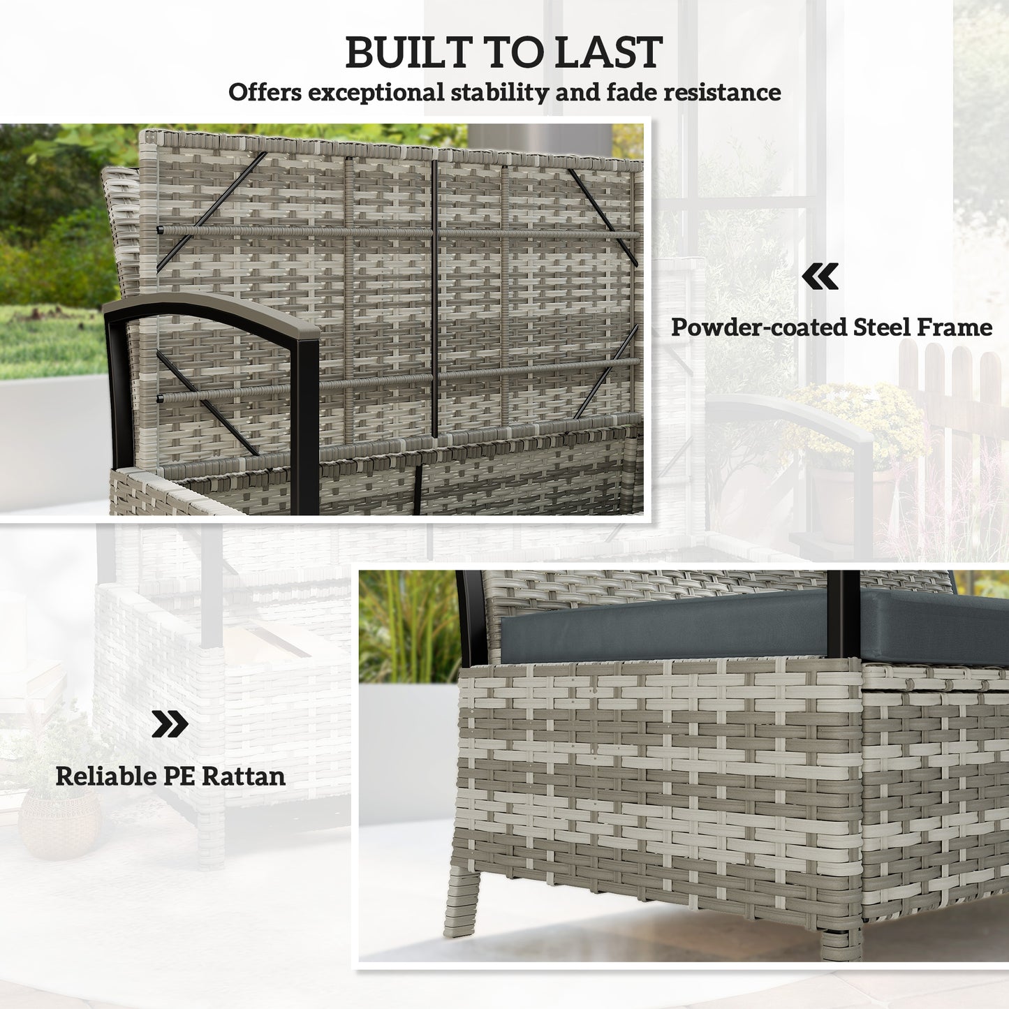 125L Garden Storage Bench, 2 Seater PE Rattan Outdoor Bench Storage Box with Padded Cushion, Dark Grey