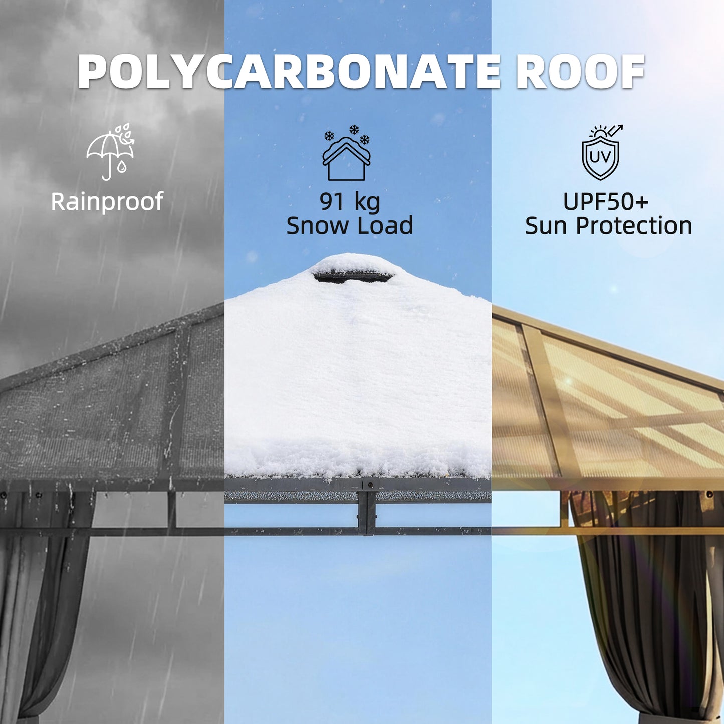 3 x 3 m Outdoor Hardtop Gazebo Canopy with PC Roof, Aluminium Permanent Pavilion Garden Gazebo with Curtains, Tan