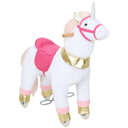 Kids Rocking Horse, Plush Walking Horse with Wheels, Ride On Unicorn Toy for Ages 3-5 Years Old, White