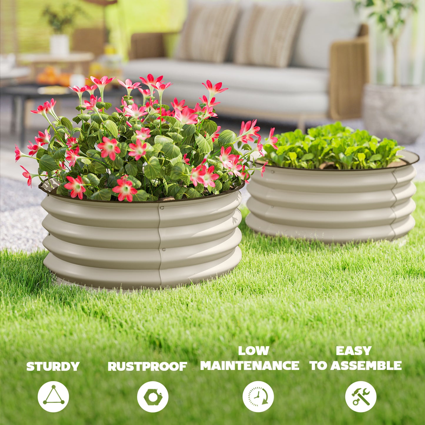 Set of 2 Raised Garden Bed, Metal Planter Box with Safety Edging, Easy-to-assemble Stock Tank, Cream White