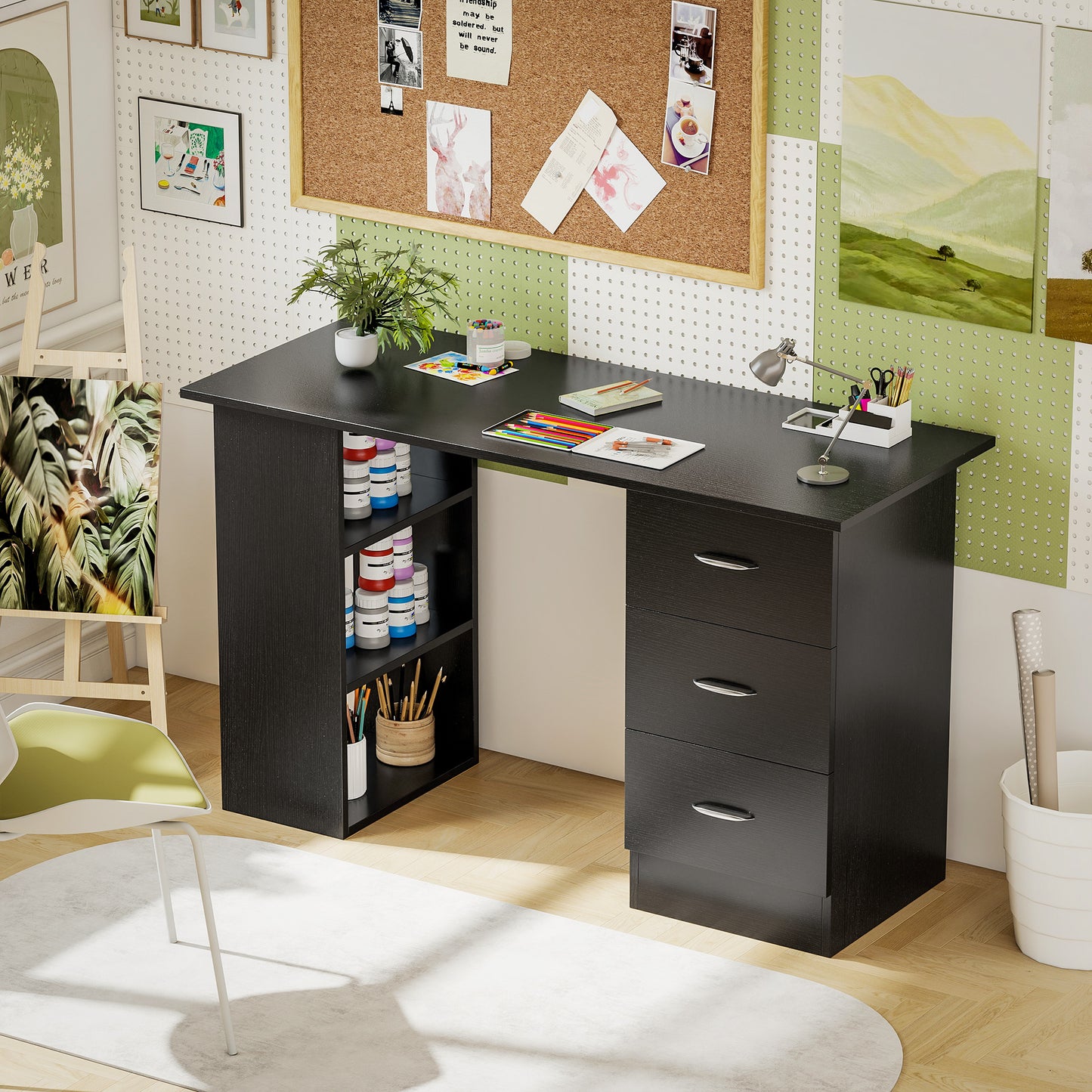 Computer Desk with Drawers, Home Office Desk, Writing Table, PC Workstation with 3 Storage Shelves for Working, Study