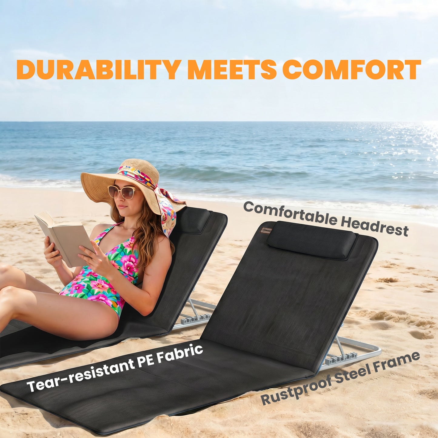 Set of 2 Foldable Garden Beach Chair Mat Lightweight Outdoor Sun Lounger Seats Adjustable Back Metal Frame PE Fabric Head Pil