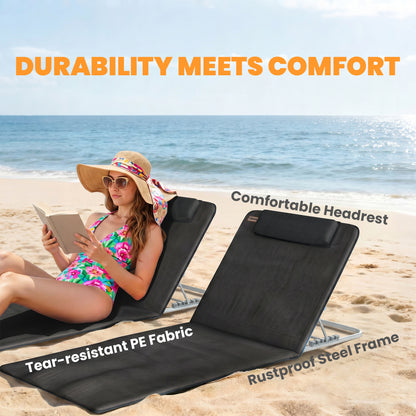 Set of 2 Foldable Garden Beach Chair Mat Lightweight Outdoor Sun Lounger Seats Adjustable Back Metal Frame PE Fabric Head Pil