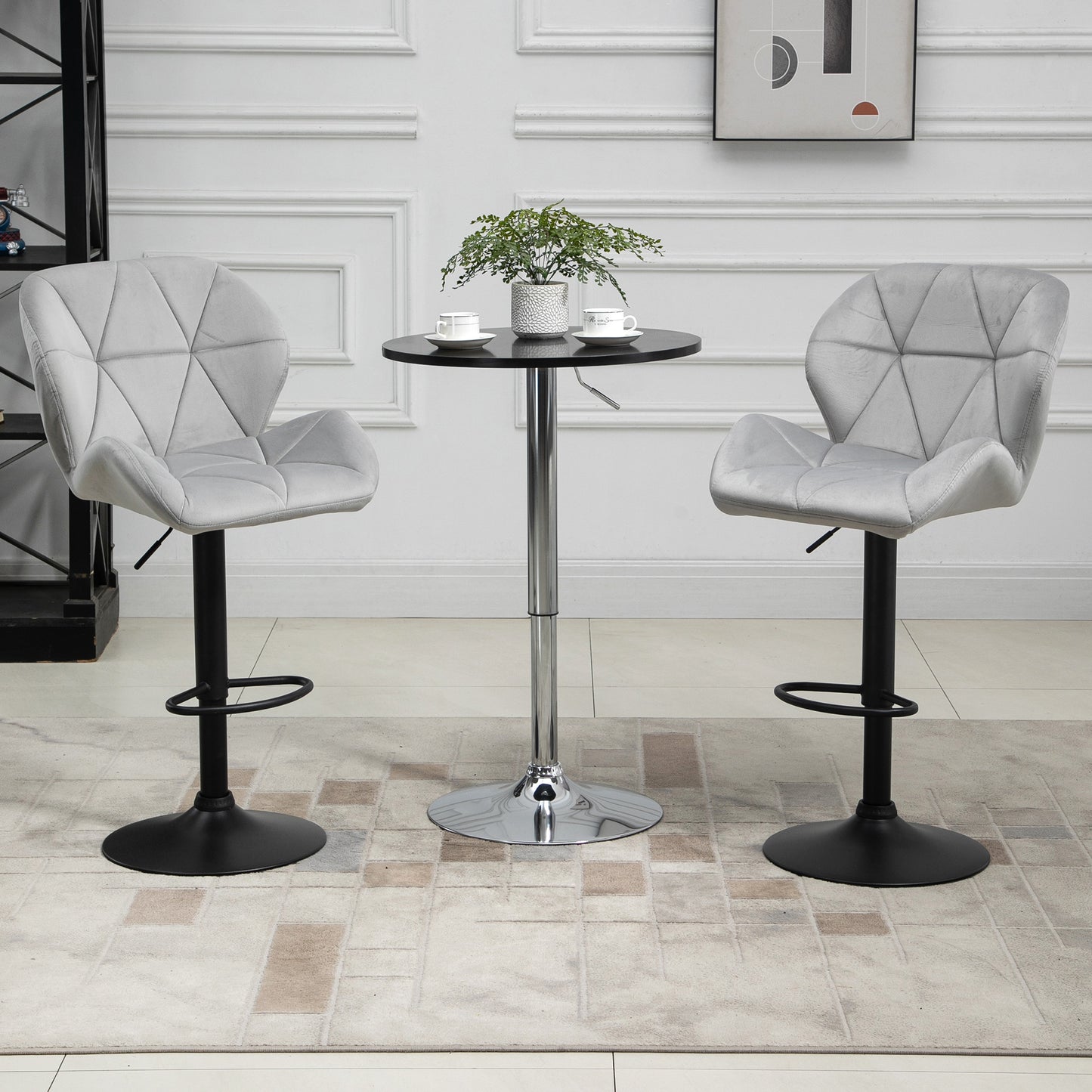 Bar Stools Set Of 2, Luxurious Velvet-Touch Barstools with Metal Frame Footrest Round Base Triangle Indenting Moulded Seat Ad