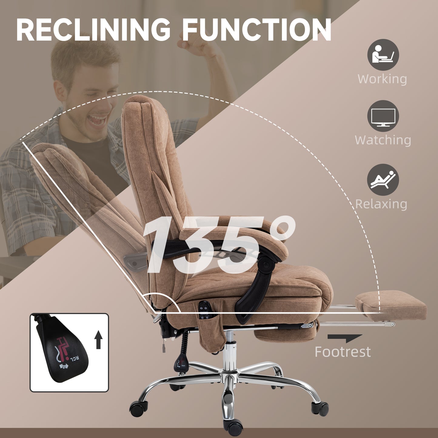 Massage Office Chair, Heated Reclining Computer Chair with Adjustable Height and Footrest, Brown