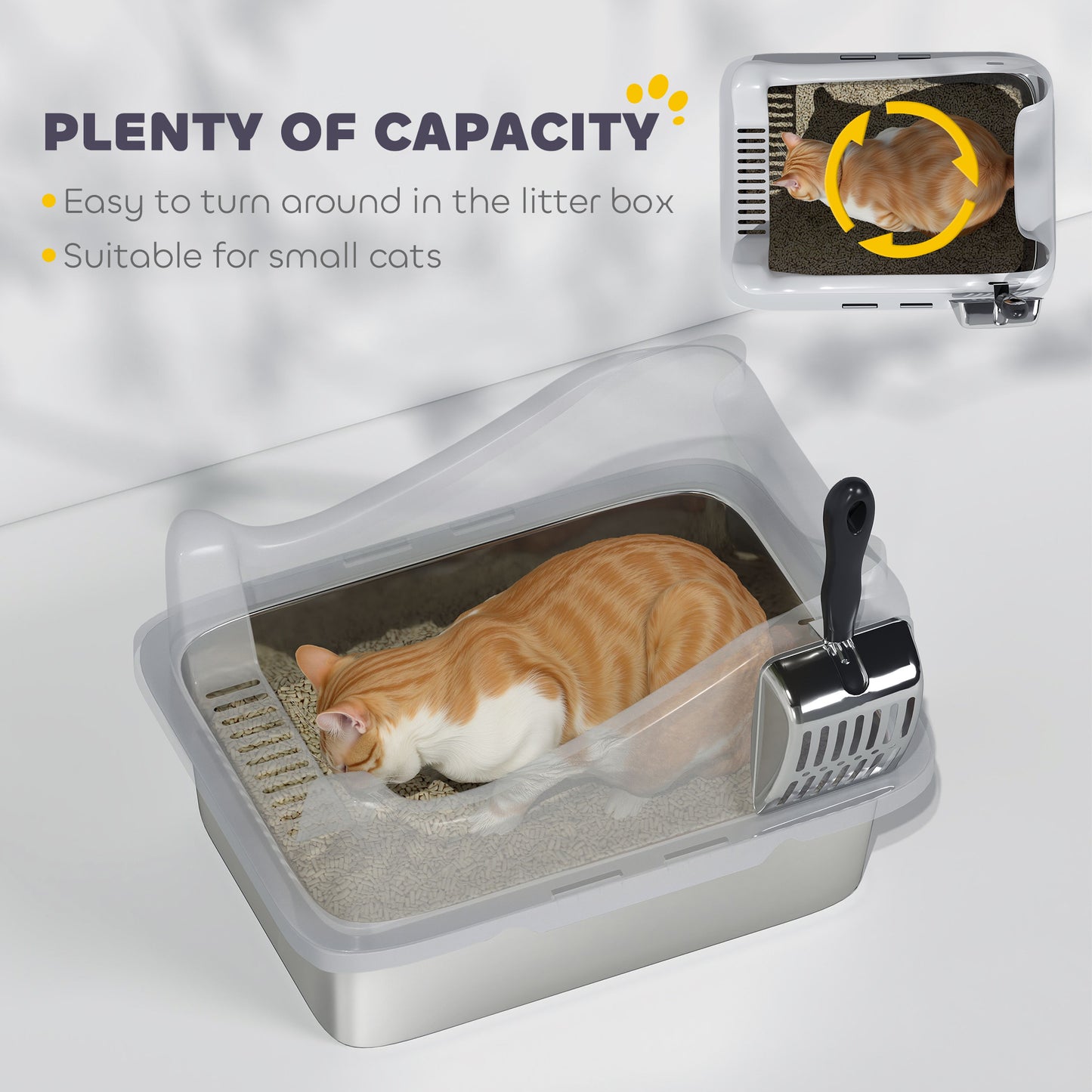 Stainless Steel Cat Litter Box with High Sides, Metal Scoop, 43 x 33 x 25 cm