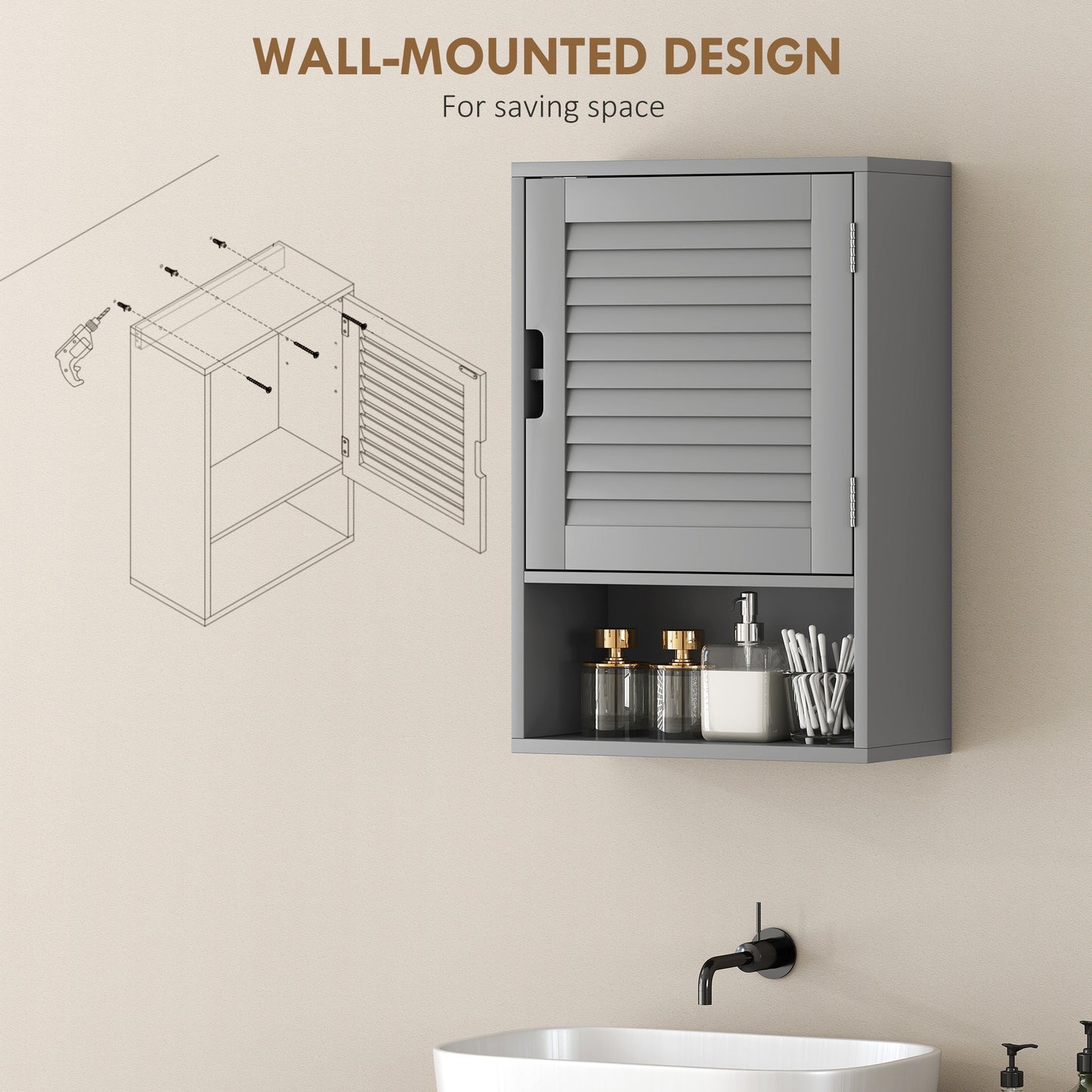 Bathroom Cabinet, Wall Mounted Storage Cabinet with Adjustable Shelves, 40 x 20 x 60 cm, Grey