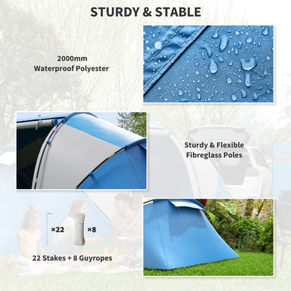 4 Man Camping Tent, UV Protection Tunnel Tent with 2 Bedrooms and Living Area, Large Hiking Sun Shelter, 430 x 240 x 170 cm